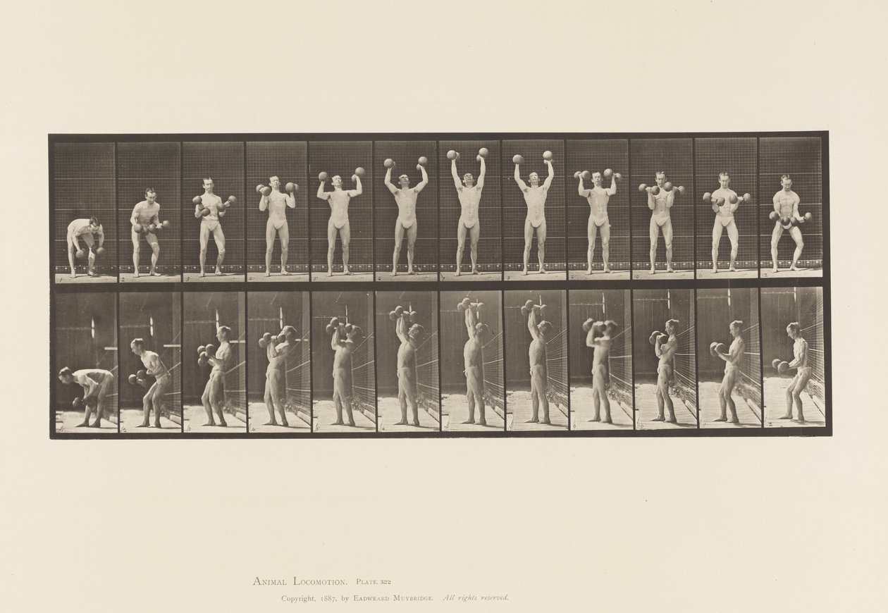 Lauta 322. Mies nostaa käsipainoja tekijältä Eadweard Muybridge
