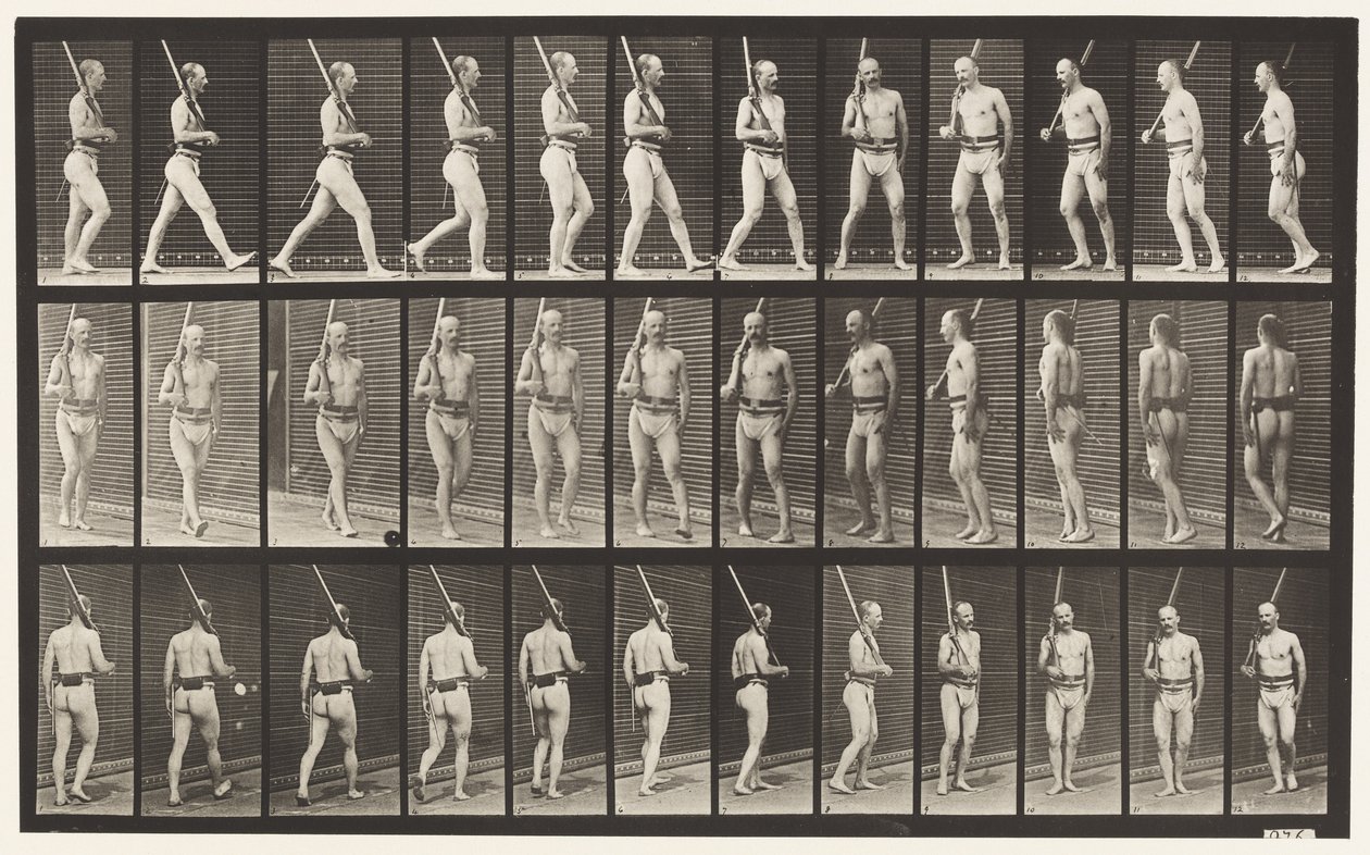 Kilpi 355. Vartiossa, käveleminen ja kääntyminen tekijältä Eadweard Muybridge