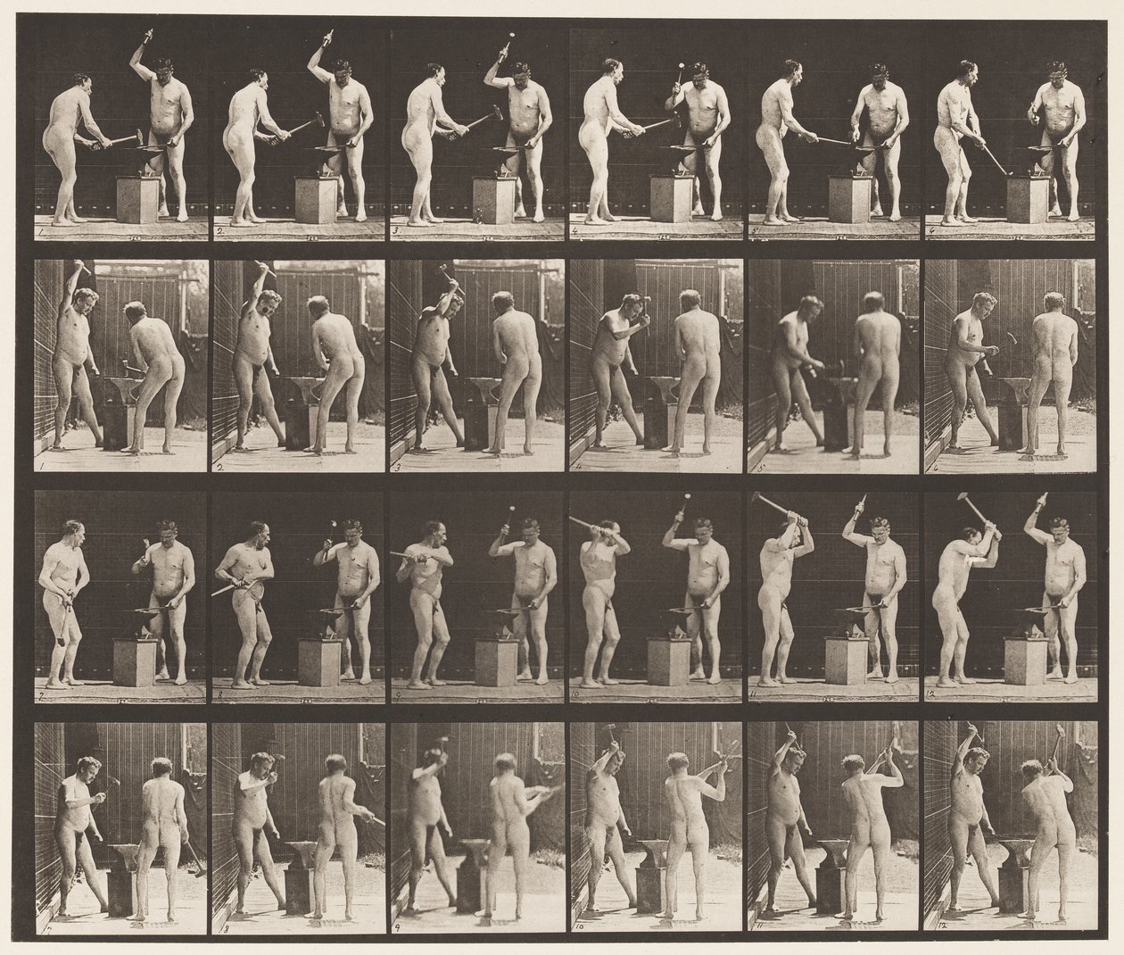 Levy 377. Seppä, kaksi mallia, Advilin vasara, 1872-1885 tekijältä Eadweard Muybridge