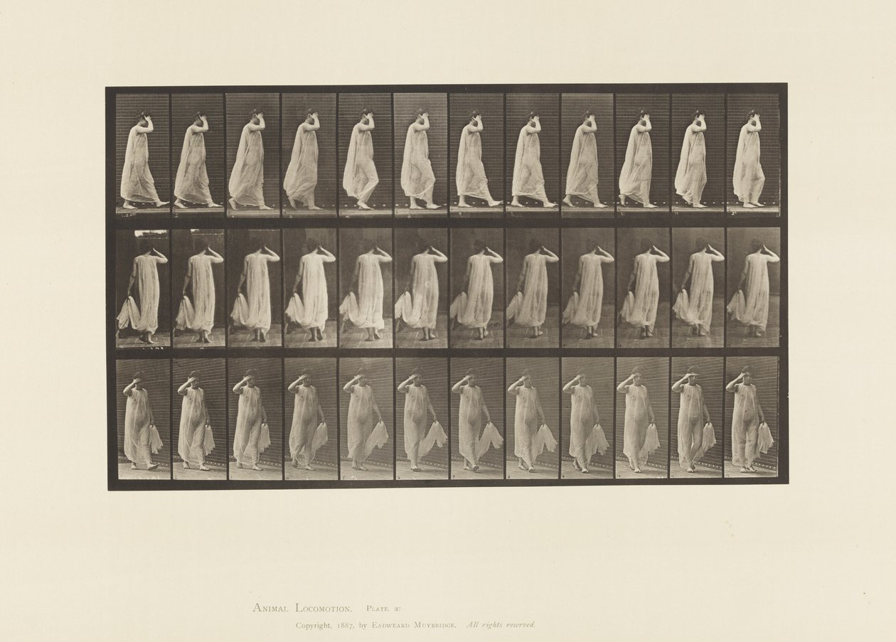 Kilpi 37. Kävely, vasemmalla kädellä pitävä mekko, oikea käsi kasvoilla, 1872-1885 tekijältä Eadweard Muybridge