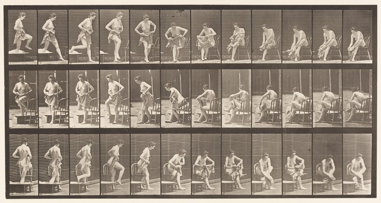 Lauta 410. Poistuminen kylpyammeesta, istuminen, jalkojen pyyhkiminen tekijältä Eadweard Muybridge