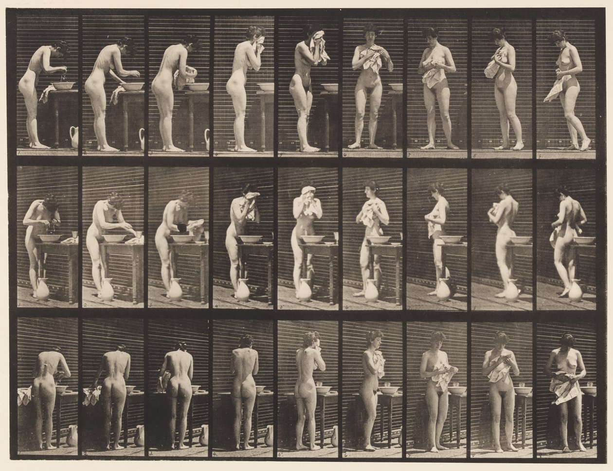 Levy 412. Pesu, kasvojen pyyhkiminen ja kääntäminen tekijältä Eadweard Muybridge
