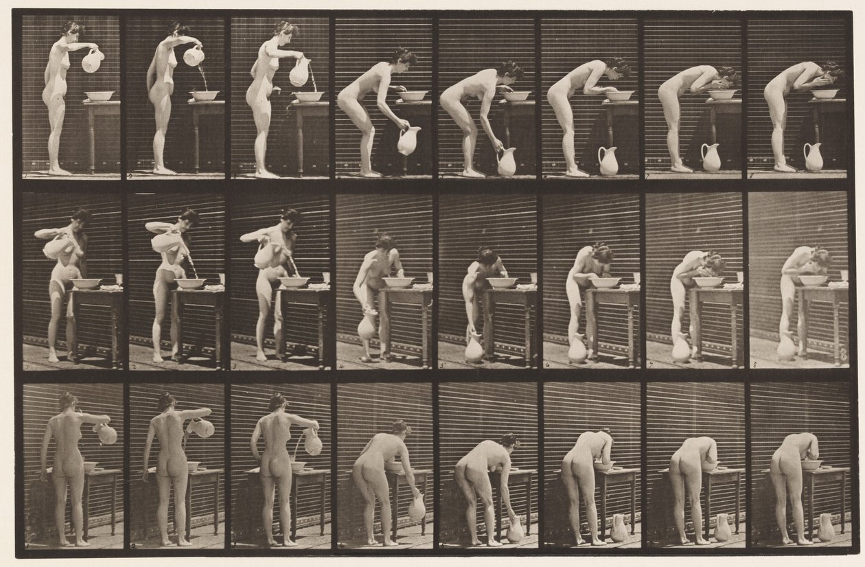 Lauta 413. Veden kaataminen altaaseen ja kasvojen pesu tekijältä Eadweard Muybridge
