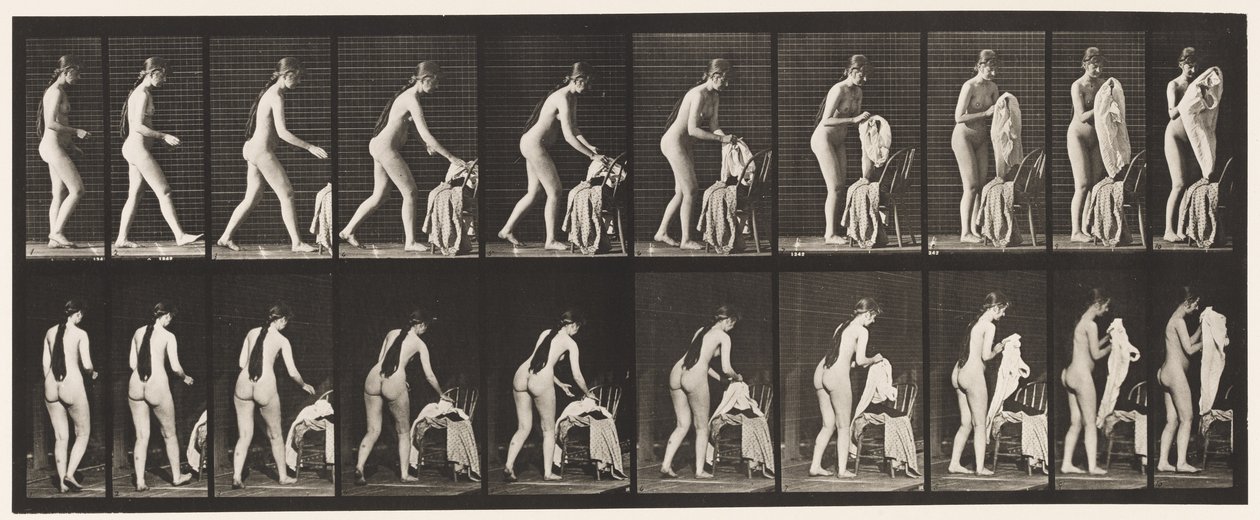 Lauta 415. WC, vaatteiden pukemiseen valmistautuminen tekijältä Eadweard Muybridge
