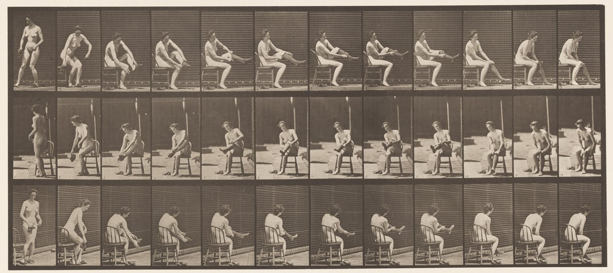 Lauta 418. WC, istuminen ja sukkien pukeminen, 1872-1885 tekijältä Eadweard Muybridge