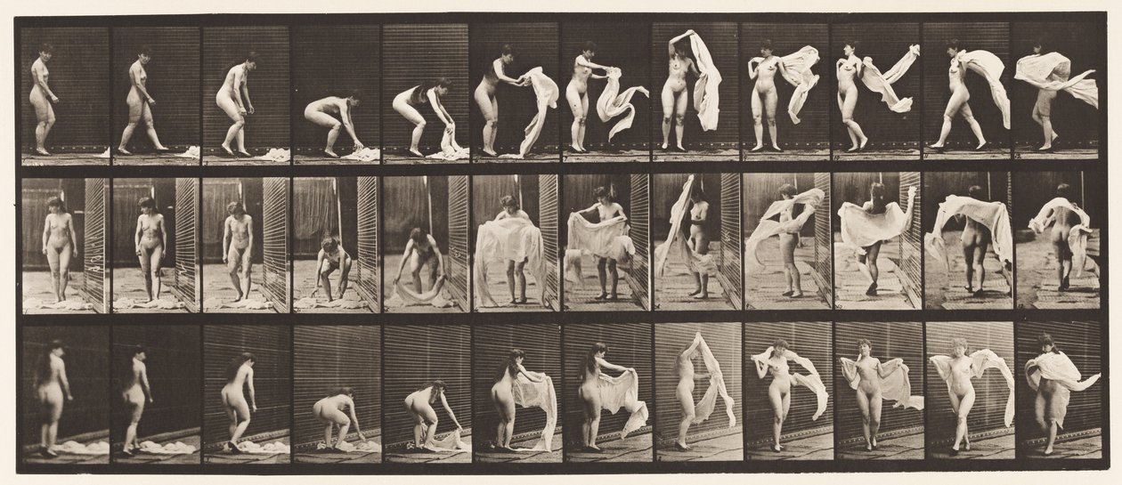 Lauta 419. WC, kumartuminen, kääre olkapäiden ympärille tekijältä Eadweard Muybridge