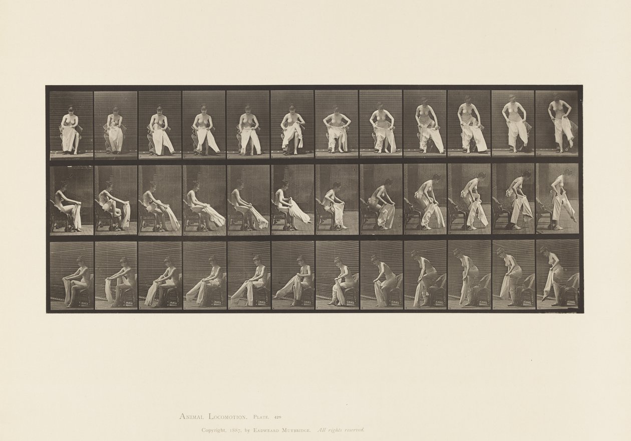 Lauta 420.WC; Tuolista nousu ja vaatteiden pukeminen, 1885 tekijältä Eadweard Muybridge