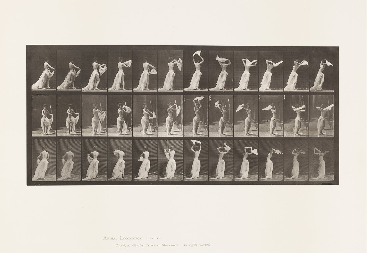 Lauta 421. WC; Nenäliinan heittäminen hartioiden ympärille tekijältä Eadweard Muybridge
