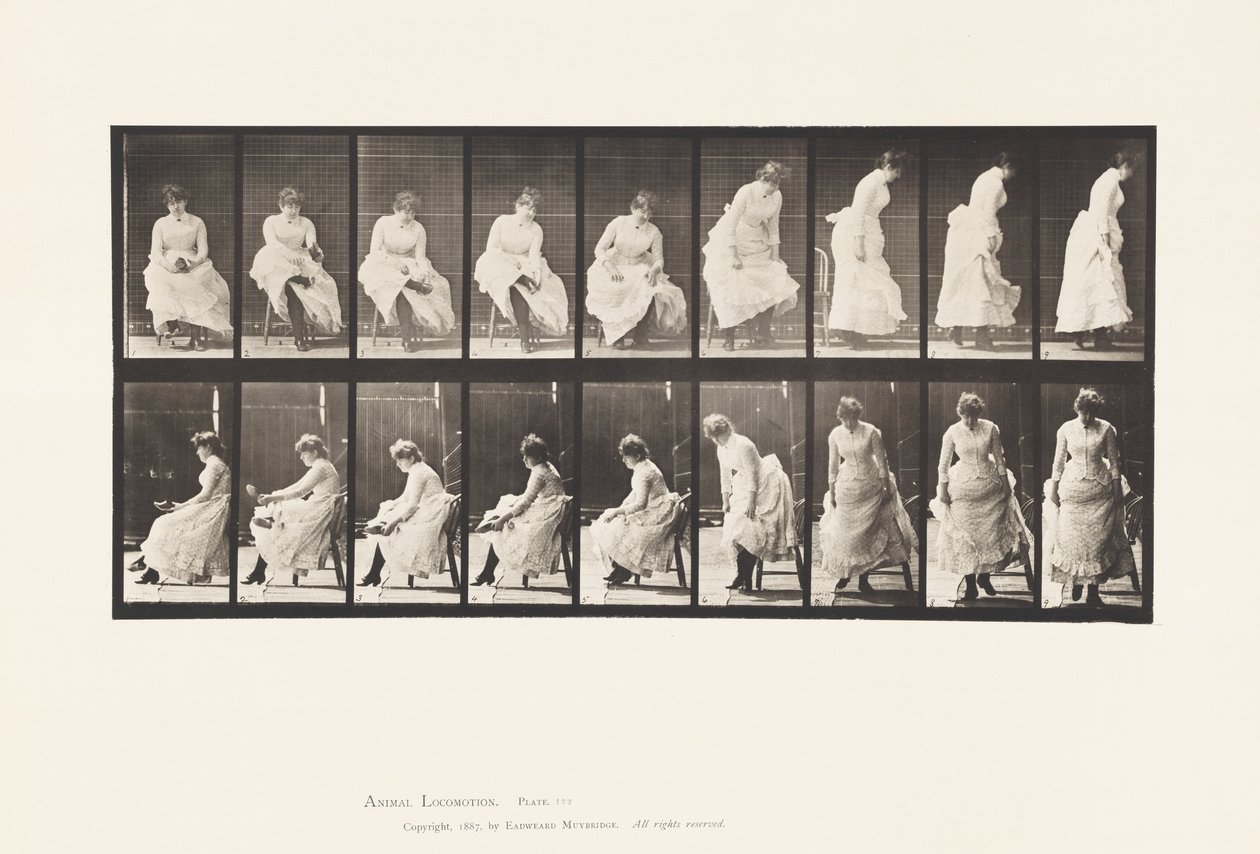 Lauta 422.WC; Kengät jalkaan pukeminen ja tuolista nousu, 1885 tekijältä Eadweard Muybridge