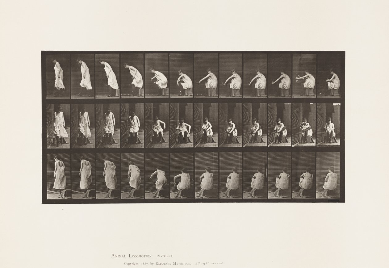 Lauta 423. WC; Saappaiden jalkaan pukeminen ja tuolista nousu tekijältä Eadweard Muybridge