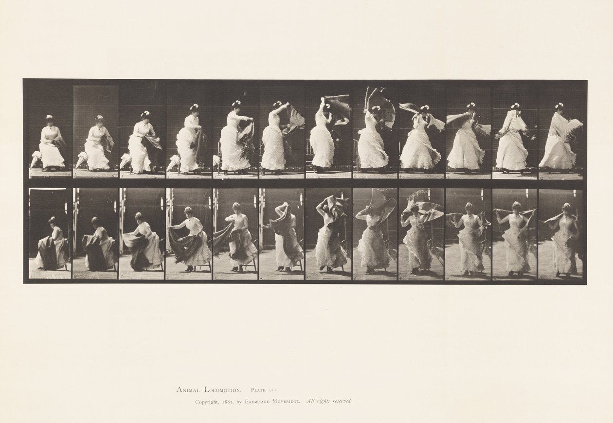 Lauta 424.WC; Tuolista nousu ja huivin pukeminen päälle, 1885 tekijältä Eadweard Muybridge