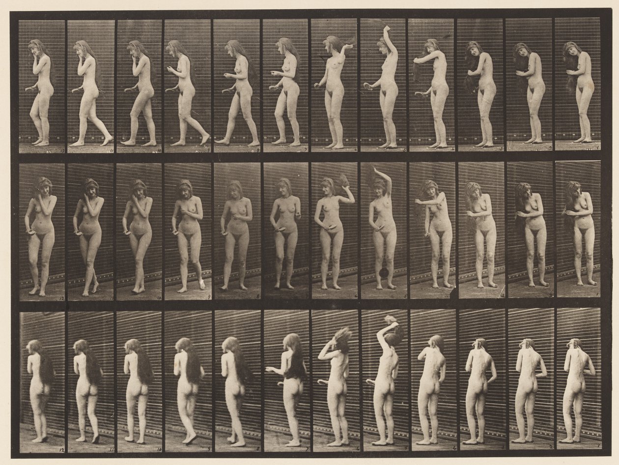Lauta 426. WC; Harjaa hiuksiaan ja kävelee pois, 1872-1885 tekijältä Eadweard Muybridge