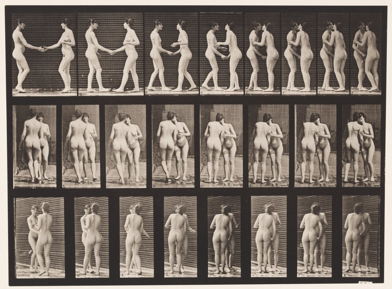 Lauta 444. Kaksi mallia kättelemässä ja toisiaan suutelemassa tekijältä Eadweard Muybridge