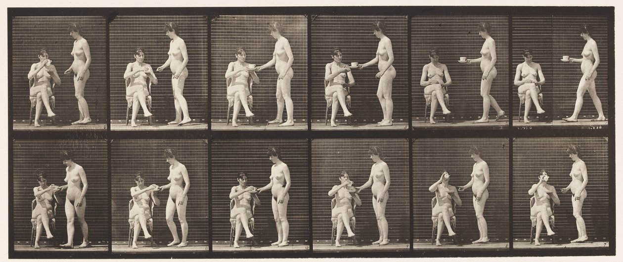 Lautas 450. Kaksi mallia, 8 tuo kuppi teetä, 1 kuppi ja juomia, 1872-1885 tekijältä Eadweard Muybridge