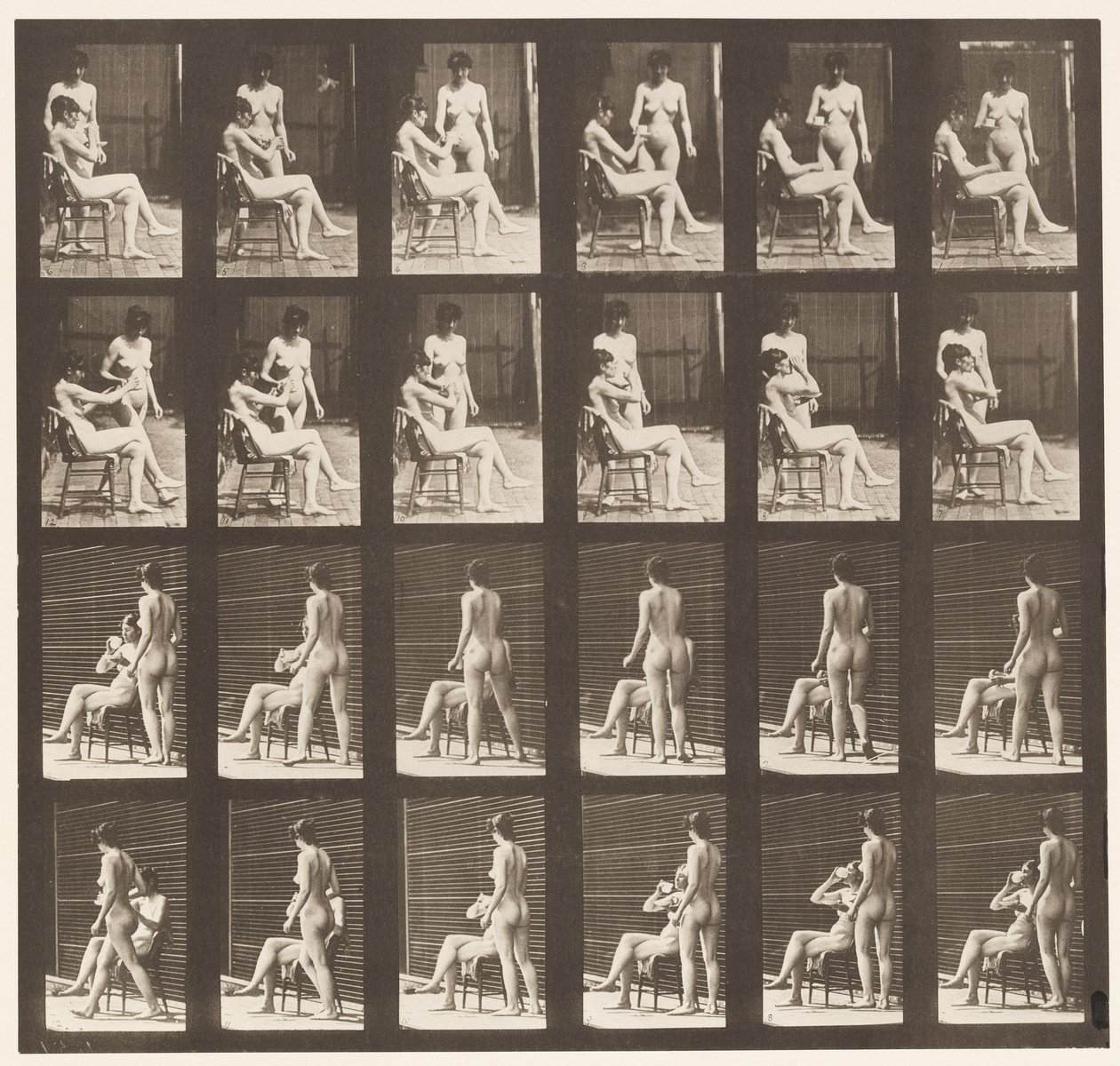 Lautas 451. Kaksi mallia, 8 tuo kuppi teetä, 1 kuppi ja juomia, 1872-1885 tekijältä Eadweard Muybridge