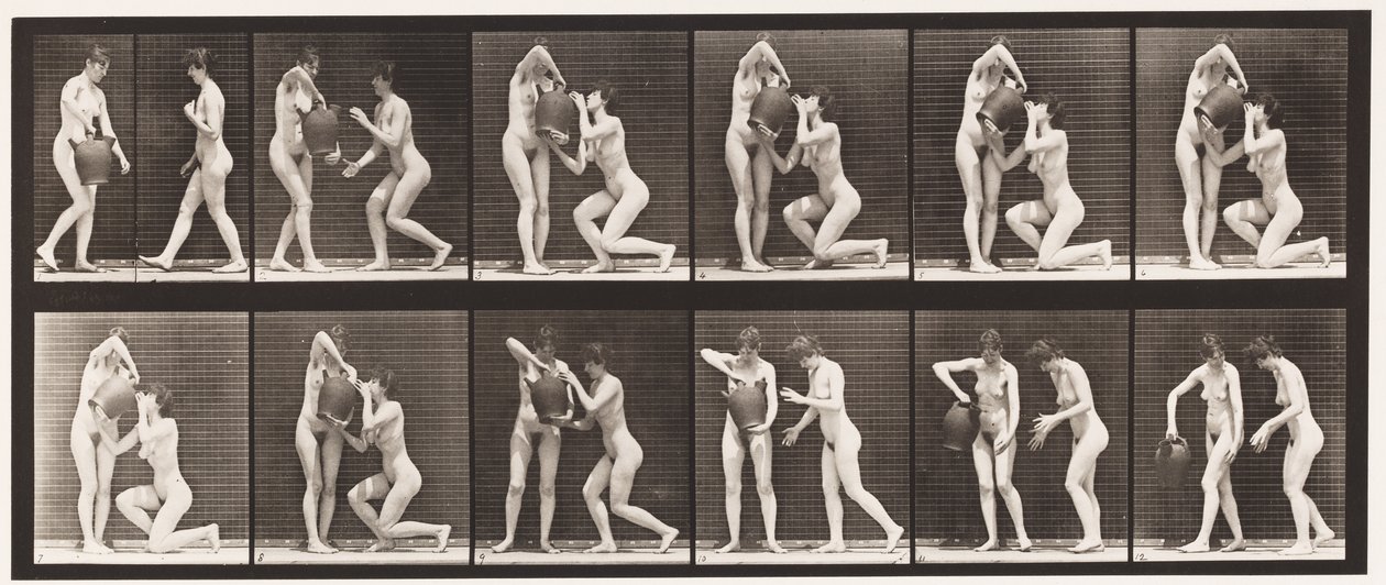 Lauta 452. Kaksi mallia, 8 polvia, juomat vesipurkista käsissä, 1872-1885 tekijältä Eadweard Muybridge