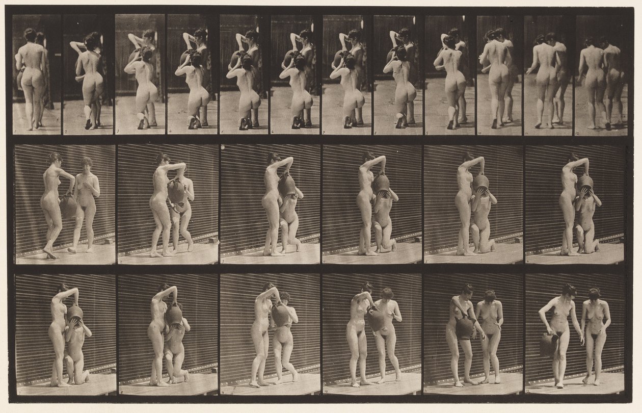 Kilpi 453. Kaksi mallia; 8 polvistoa, juomat vesipurkista käsissä tekijältä Eadweard Muybridge
