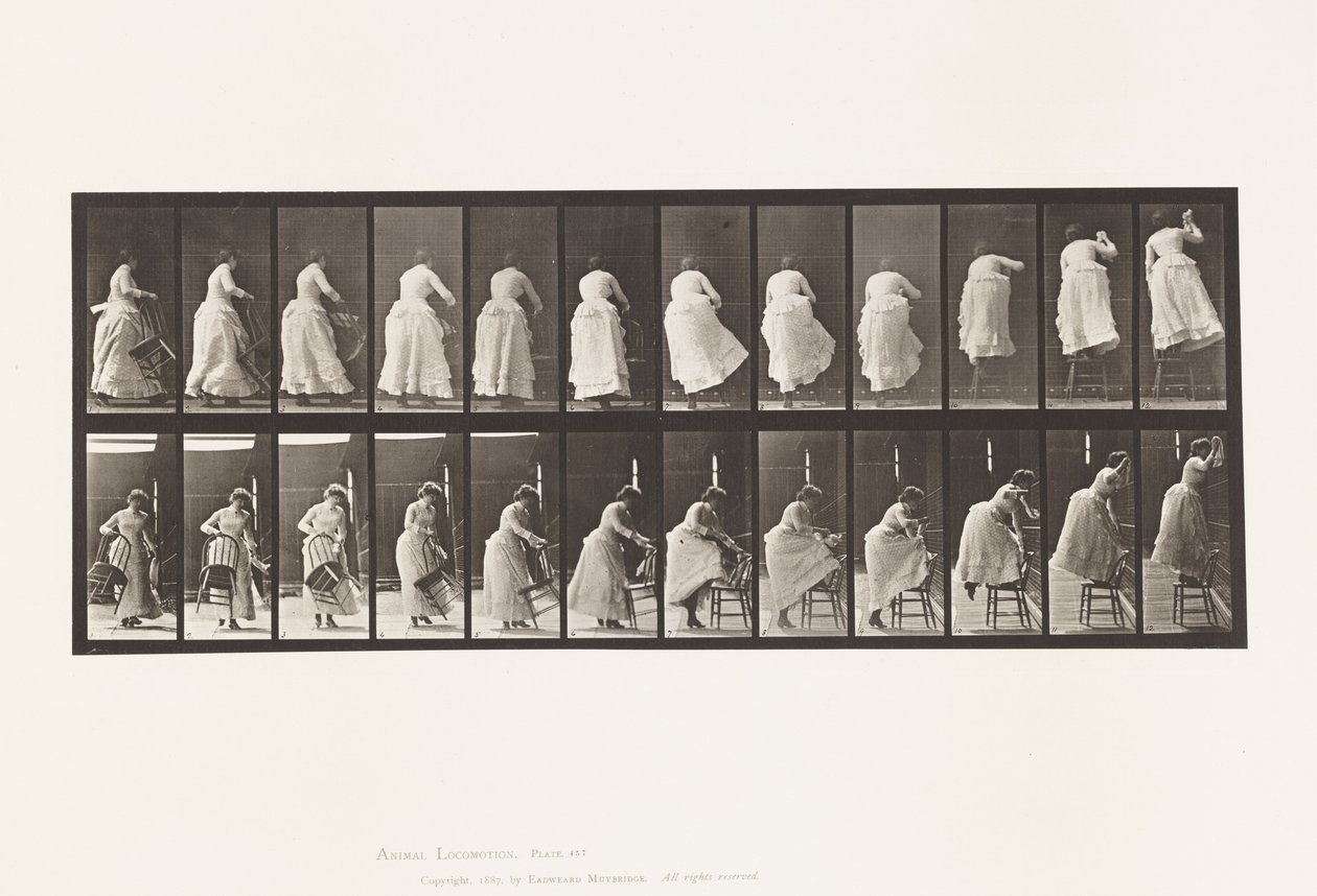 Levy 457. Tuoliin astuminen ja ylös kurkottaminen tekijältä Eadweard Muybridge