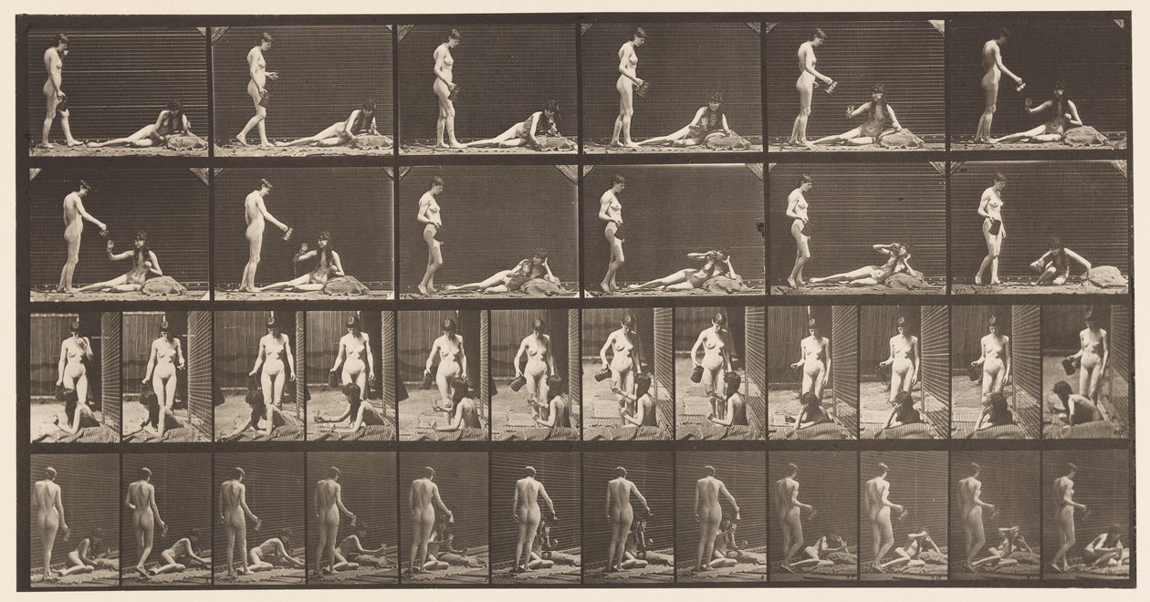 Levy 485. Kaksi mallia; A, 10 Seisominen ja pikarin täyttäminen;, 1872-1885 tekijältä Eadweard Muybridge