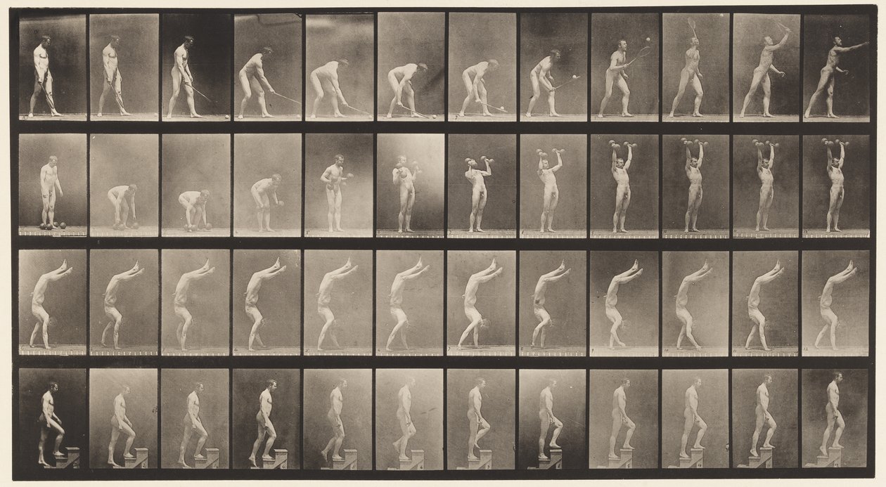 Levy 488. A, Lawn Tennis; B, Dumb Bells; C, Walking on Hands;, 1872-1885 tekijältä Eadweard Muybridge