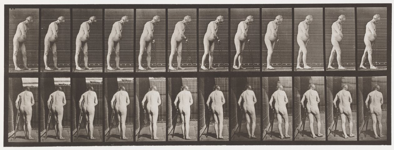 Levy 547. Hemiplegia; Kävely kainalosauvojen kanssa, 1885 tekijältä Eadweard Muybridge