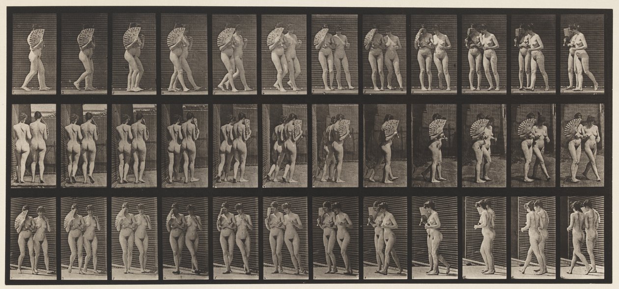 Levy 54. Kävely, kaksi mallia/yksi flirttaileva tuuletin, käsivarressa tekijältä Eadweard Muybridge