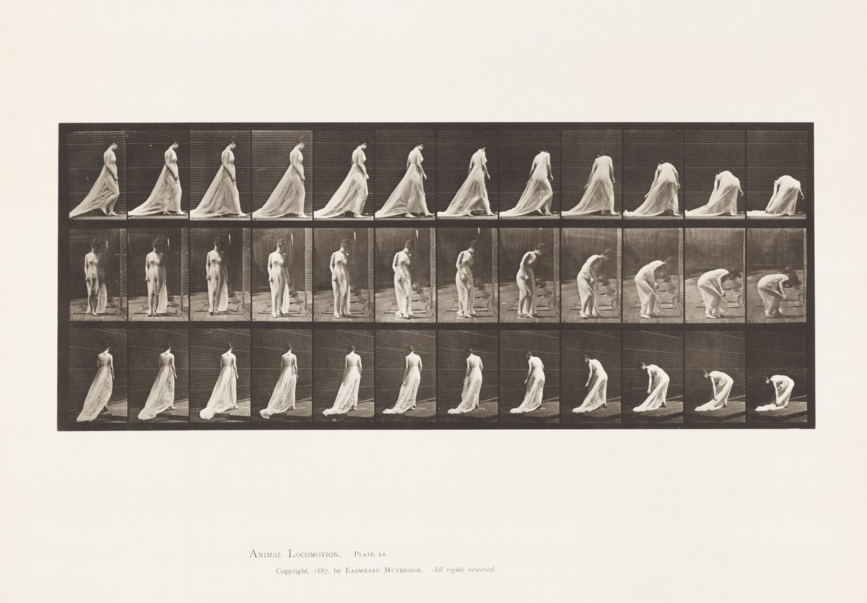 Kilpi 56. Kävely, kääntyminen ja kumartuminen junan nostamiseksi tekijältä Eadweard Muybridge