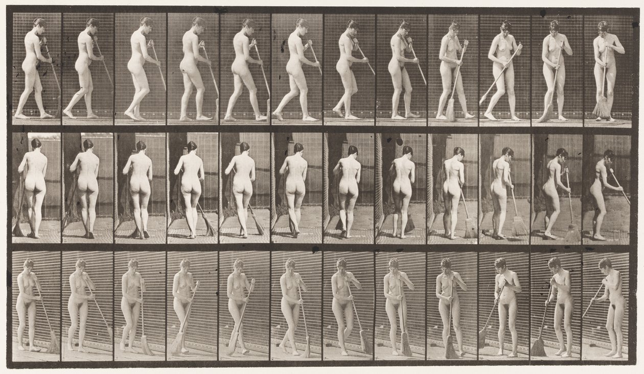 Levy 58. Kävely, kääntyminen lattiaa lakaisemassa tekijältä Eadweard Muybridge