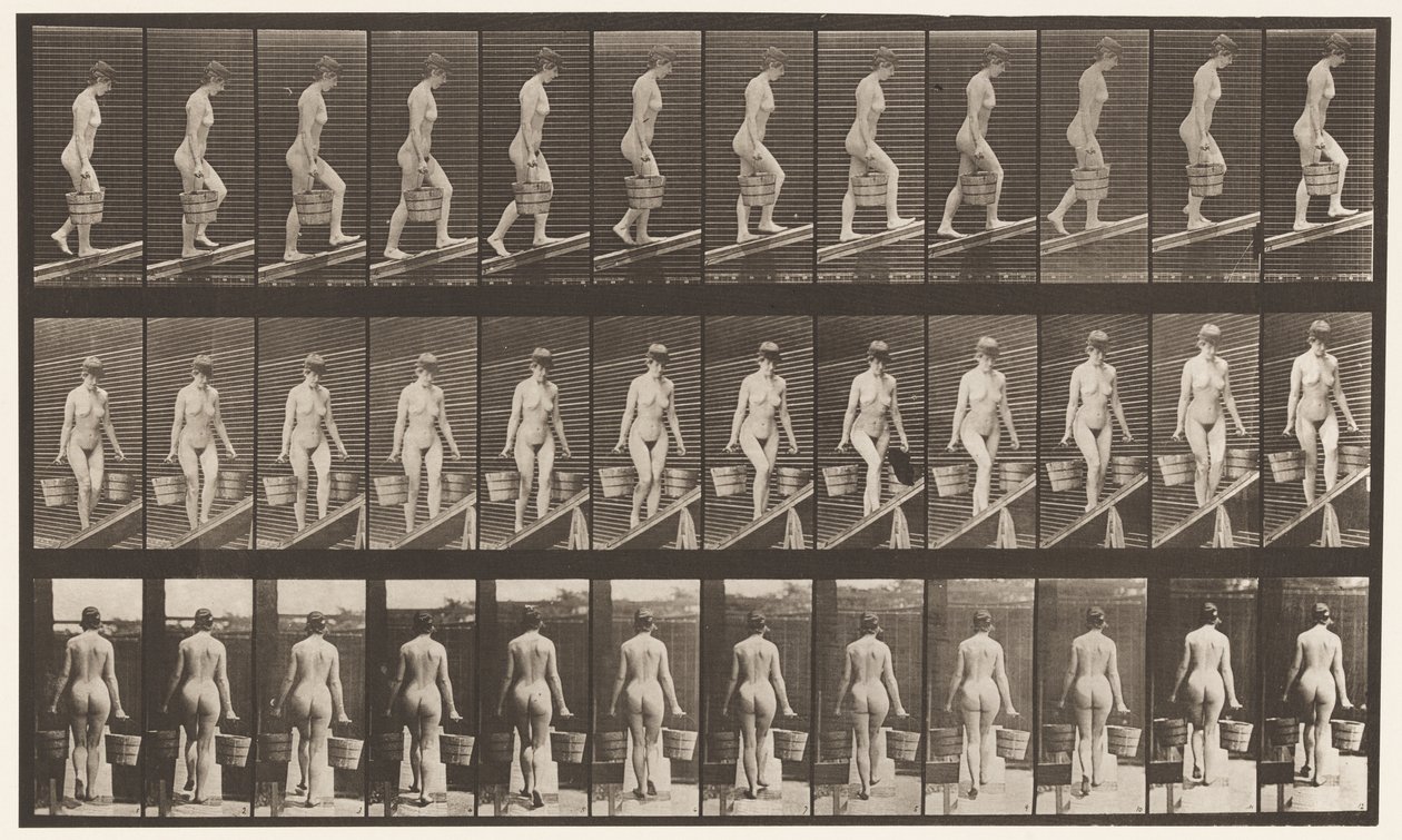 Levy 82. Nouseva kaltevuus, vesiämpäri kummassakin kädessä tekijältä Eadweard Muybridge