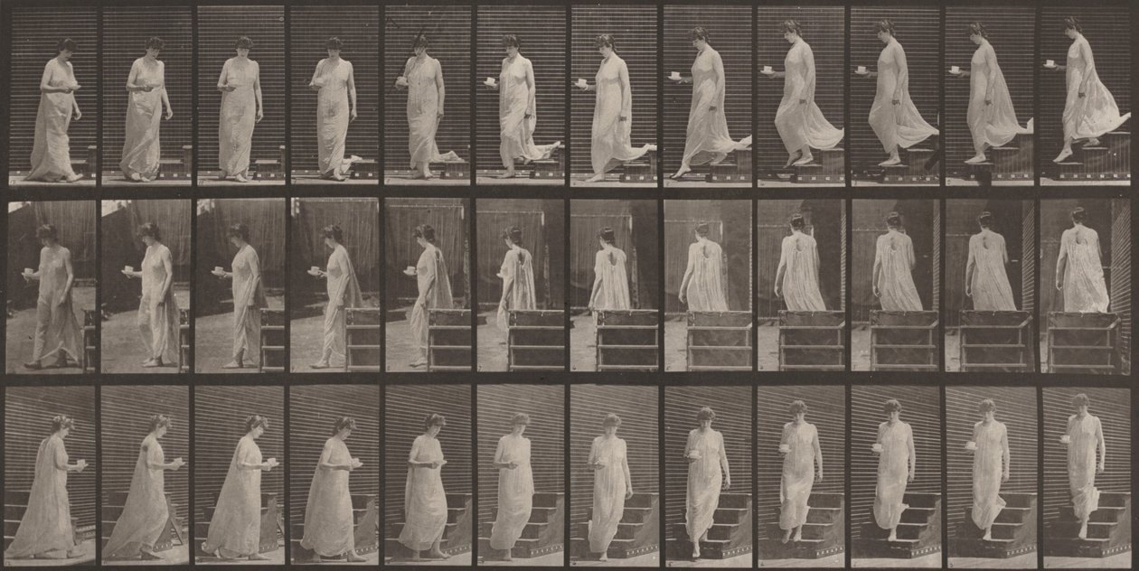 Levy numero 143. Laskeutuu portaita, kuppi ja aluslautanen oikeassa kädessä tekijältä Eadweard Muybridge