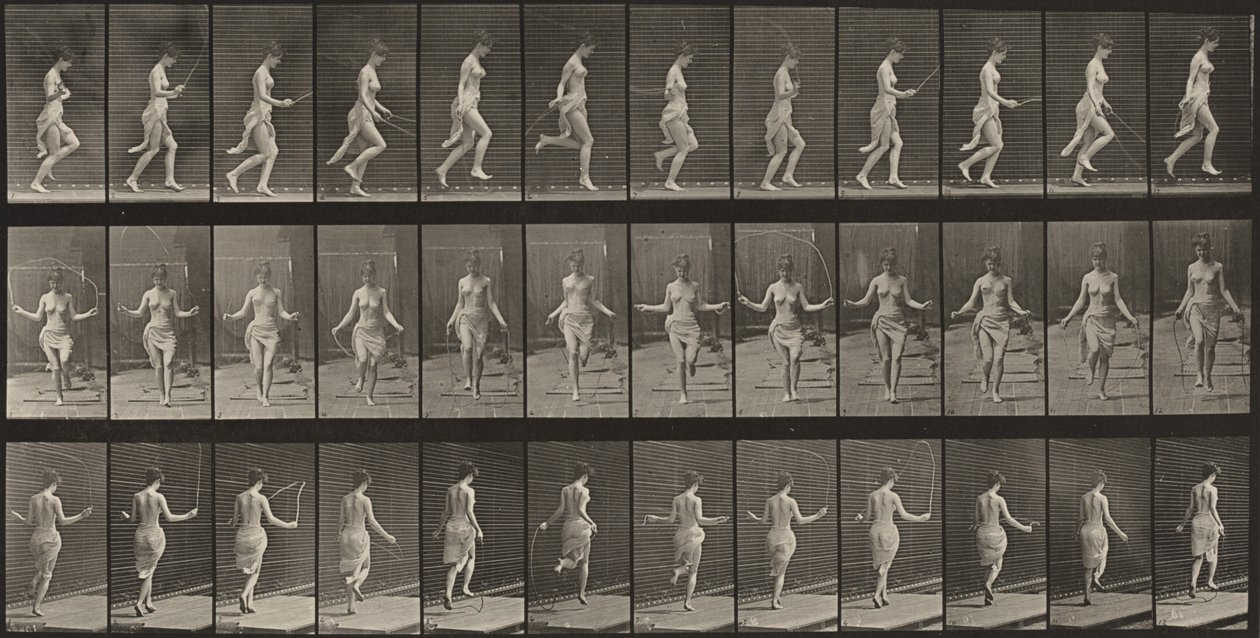 Laatta numero 174. Juoksua ja hyppimistä hyppynarulla tekijältä Eadweard Muybridge