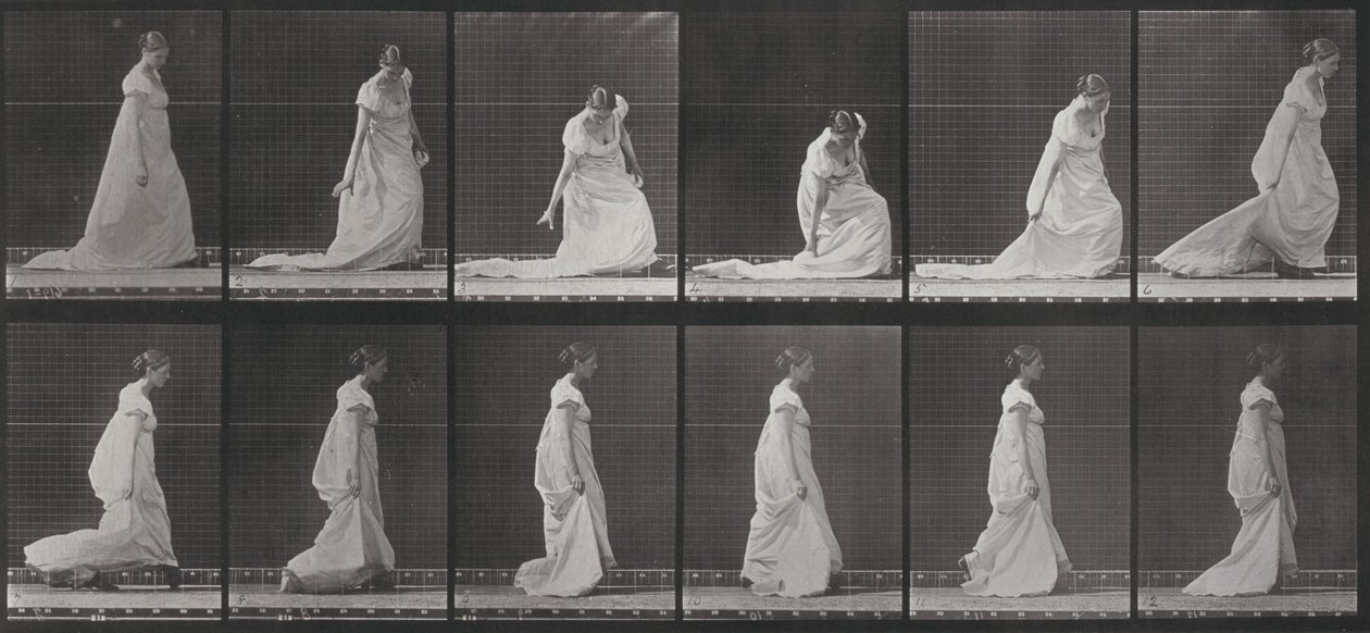 Taulu numero 207. Kumartuminen ja laahuksen nostaminen tekijältä Eadweard Muybridge