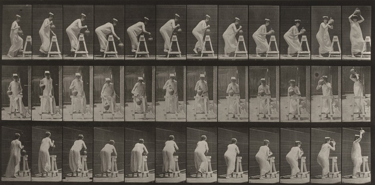 Taulu numero 216. Kumartuminen vesiruukun täyttämiseksi ja sen asettaminen pään päälle tekijältä Eadweard Muybridge