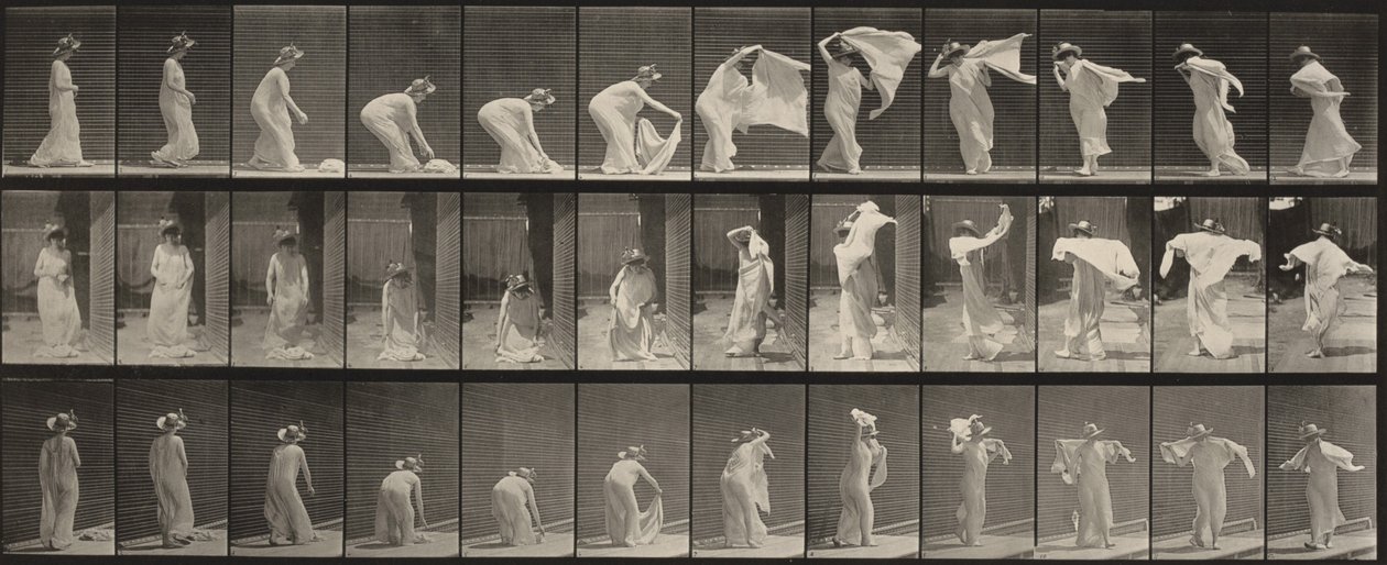 Kuvalevy numero 233. Huivin nostaminen, sen asettaminen hartioille ja kääntyminen tekijältä Eadweard Muybridge