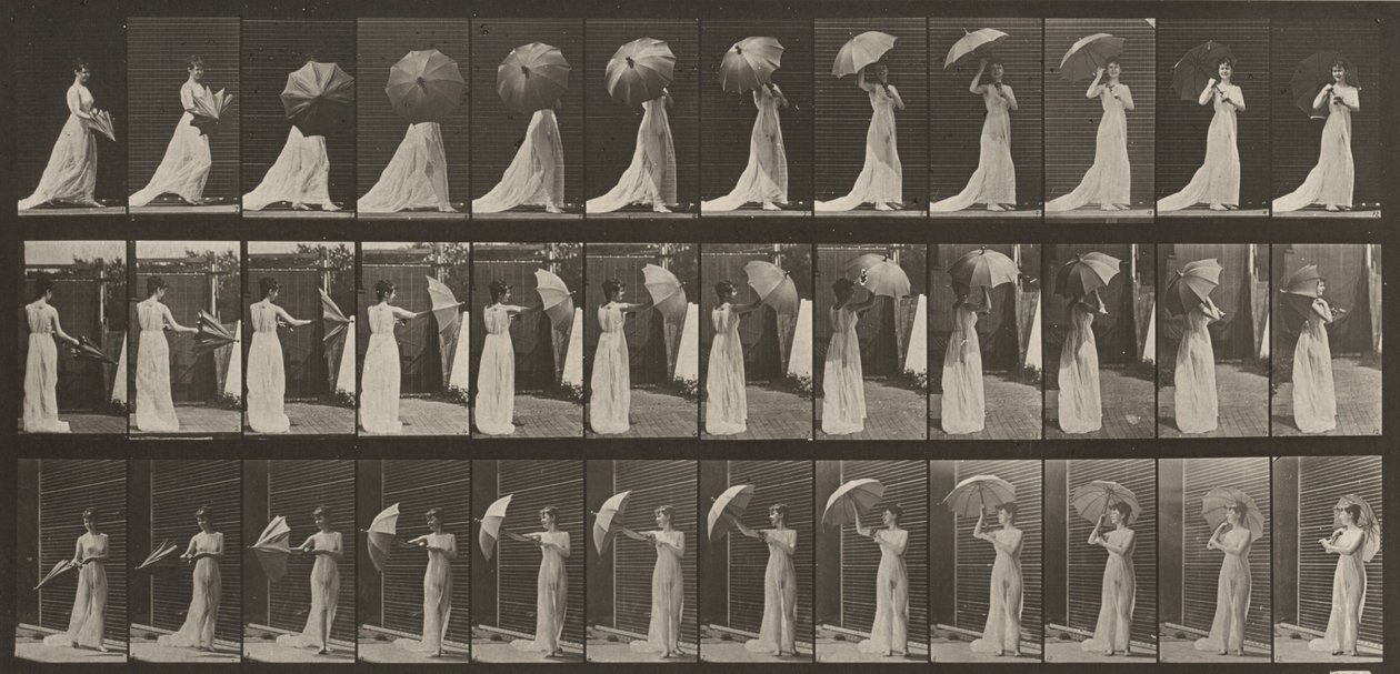 Taulu numero 461. Päivänvarjon avaaminen ja ympäri kääntyminen tekijältä Eadweard Muybridge