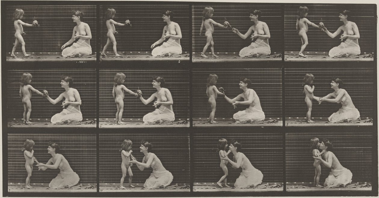 Kilpi numero 465. Lapsi tuo naiselle kukkakimpun,1887 (kuva). tekijältä Eadweard Muybridge