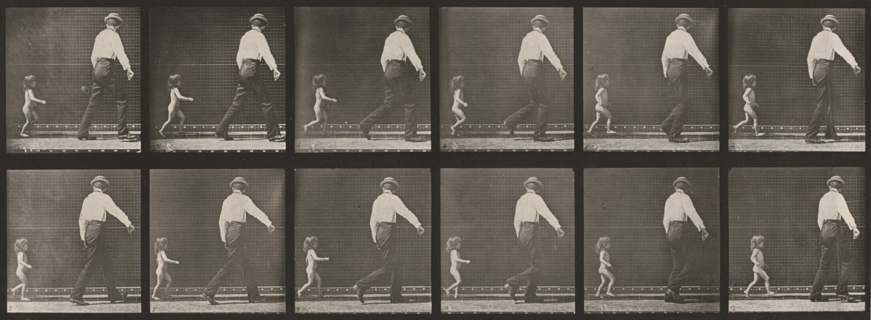 Kuvalevy numero 470. Miehen perässä juokseva lapsi tekijältä Eadweard Muybridge
