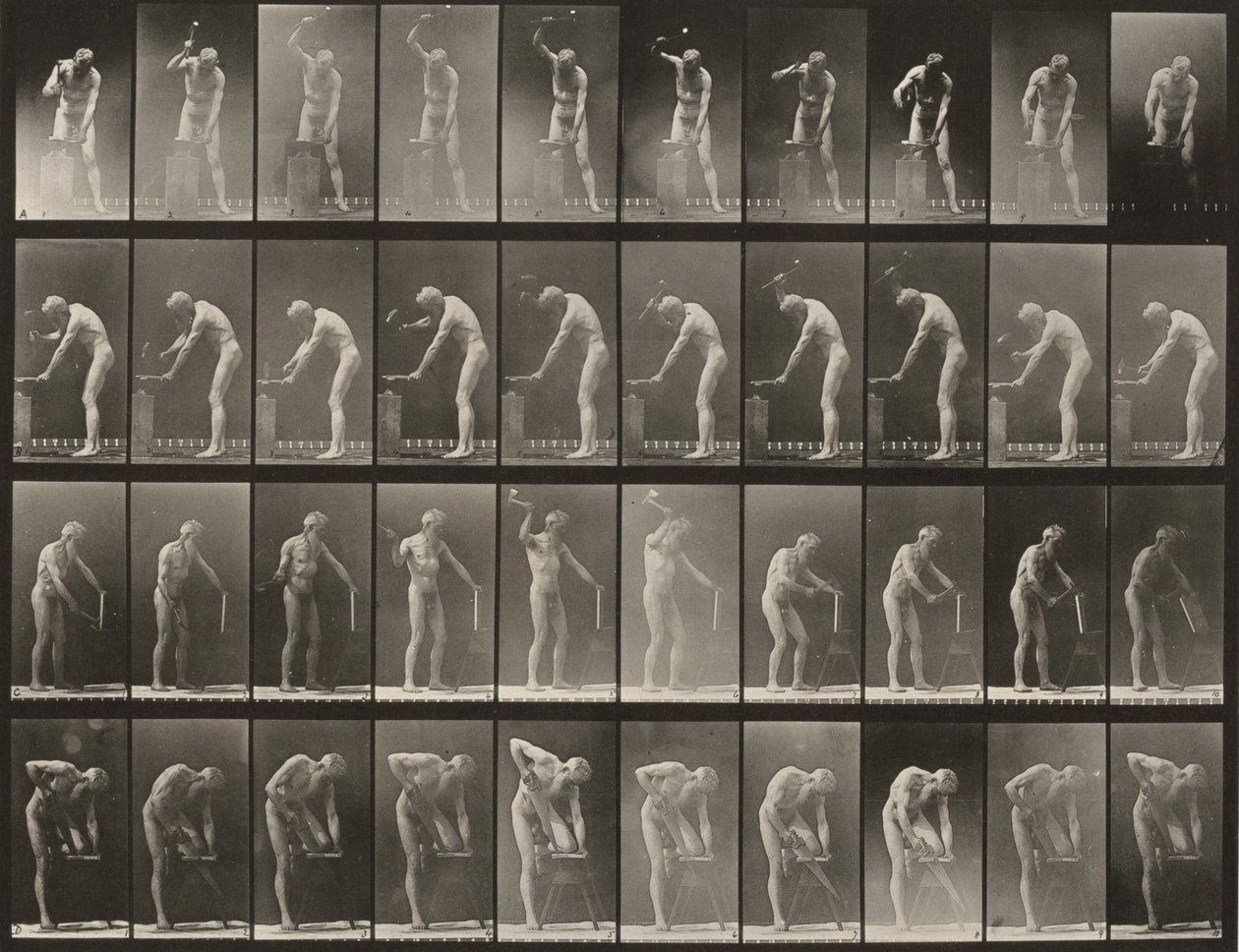 Kuvalaatta numero 491. A, B: Takominen alasimen ääressä. C: Piilukirveen käyttäminen. D: Laudan sahaaminen tekijältä Eadweard Muybridge