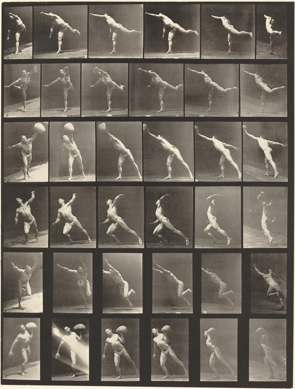 Kilven numero 523. A: Isku. B, E: Heittolevy. C, F: Nostaa 75-lb. kivi. D: Pallonheitto tekijältä Eadweard Muybridge