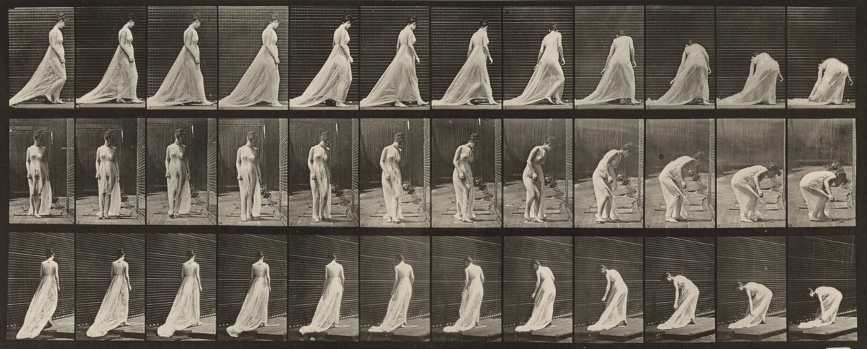 Kuva 56. Kävely, kääntyminen ja kumartuminen hameen nostamiseksi tekijältä Eadweard Muybridge
