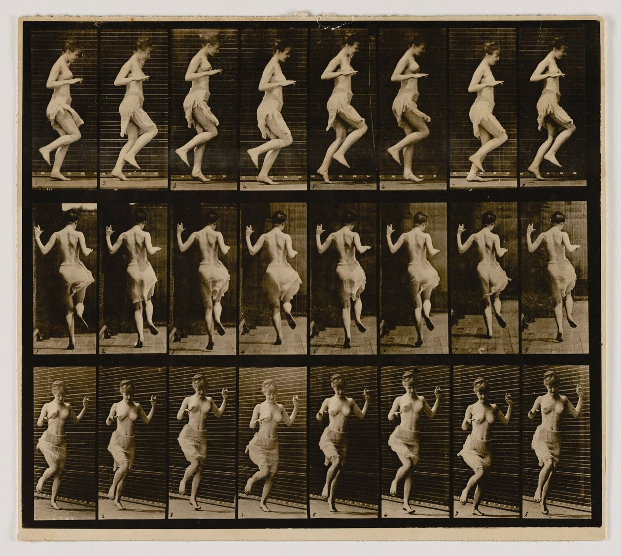 Nainen rullaa yhdellä jalalla, kirjasta Animal Locomotion (Eläinten liikkuminen). tekijältä Eadweard Muybridge