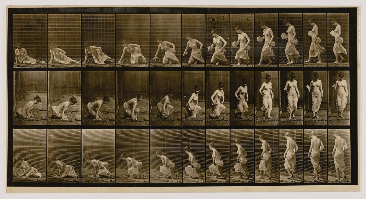 Nainen istuu maassa, kirjasta Animal Locomotion (Eläinten liikkuminen). tekijältä Eadweard Muybridge