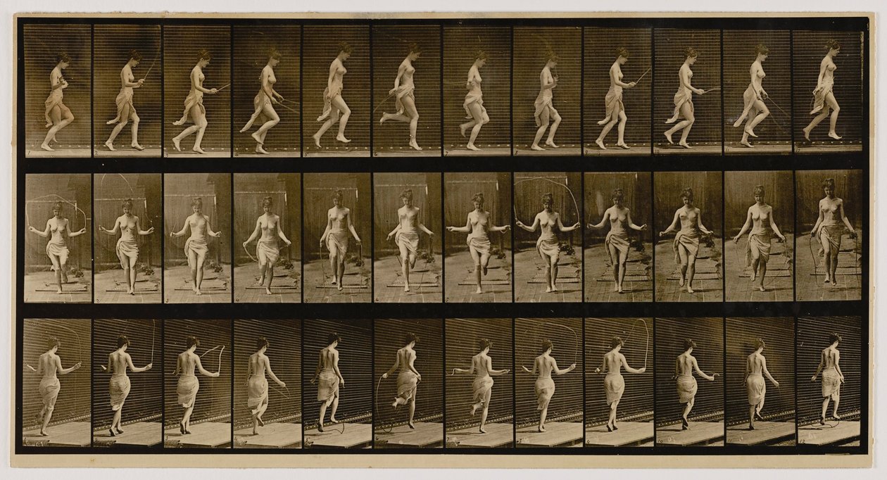 Nainen käyttää hyppynarua, kirjasta Animal Locomotion (Eläinten liikkuminen) tekijältä Eadweard Muybridge