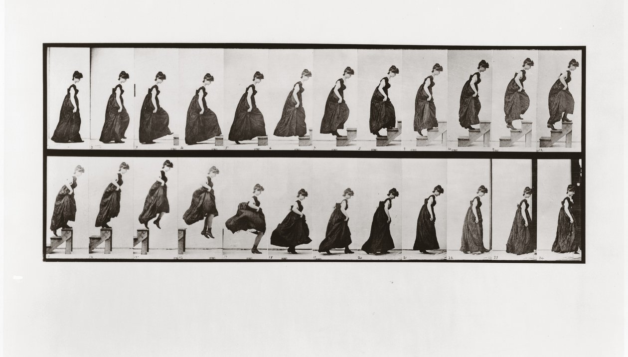 Nainen kiipeää portaita ja hyppää alas, levy 173 Animal Locomotionista, 1887 tekijältä Eadweard Muybridge