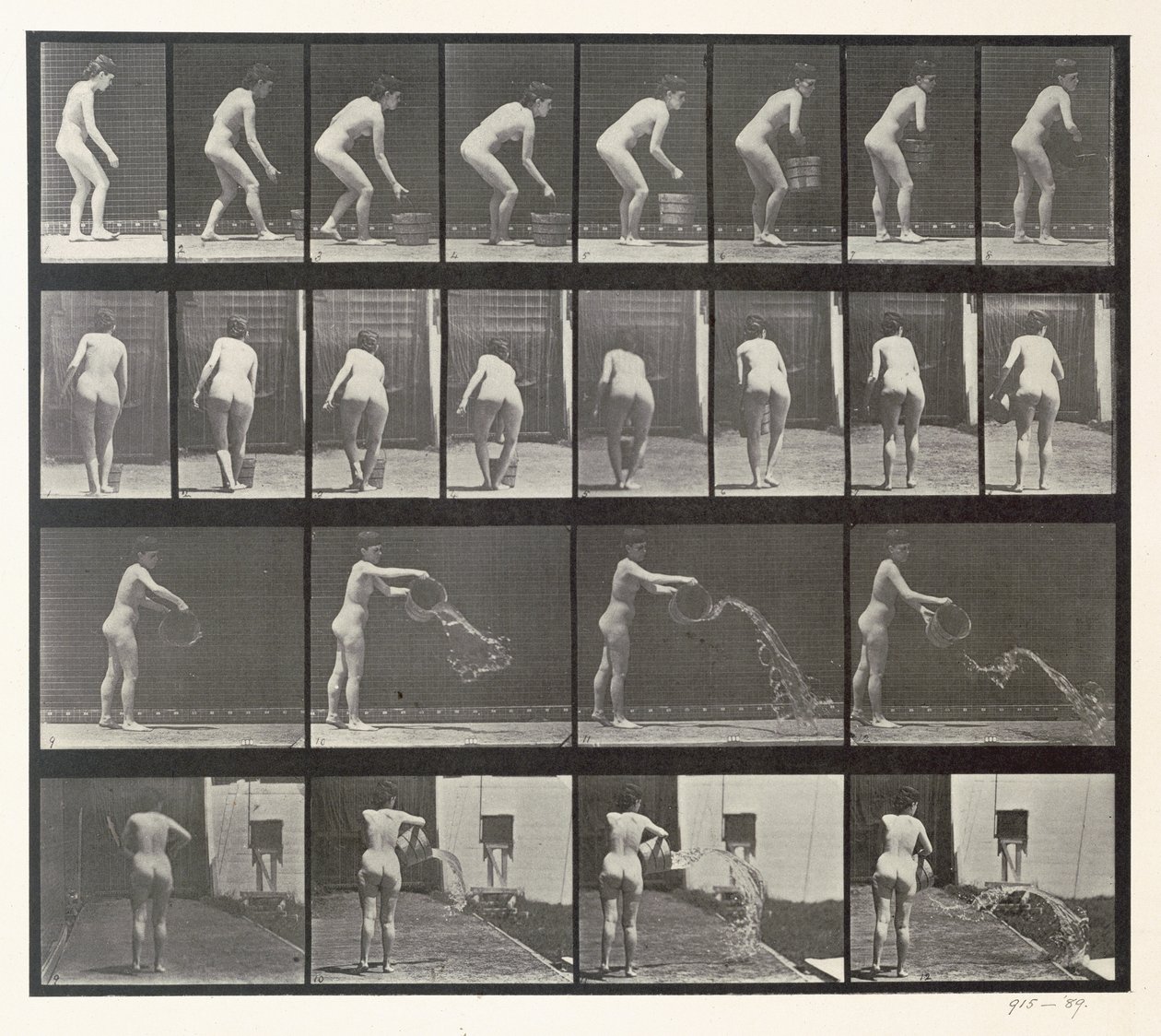 Nainen heittelee vesiämpäriä, levy 401 Animal Locomotionista, 1887 tekijältä Eadweard Muybridge