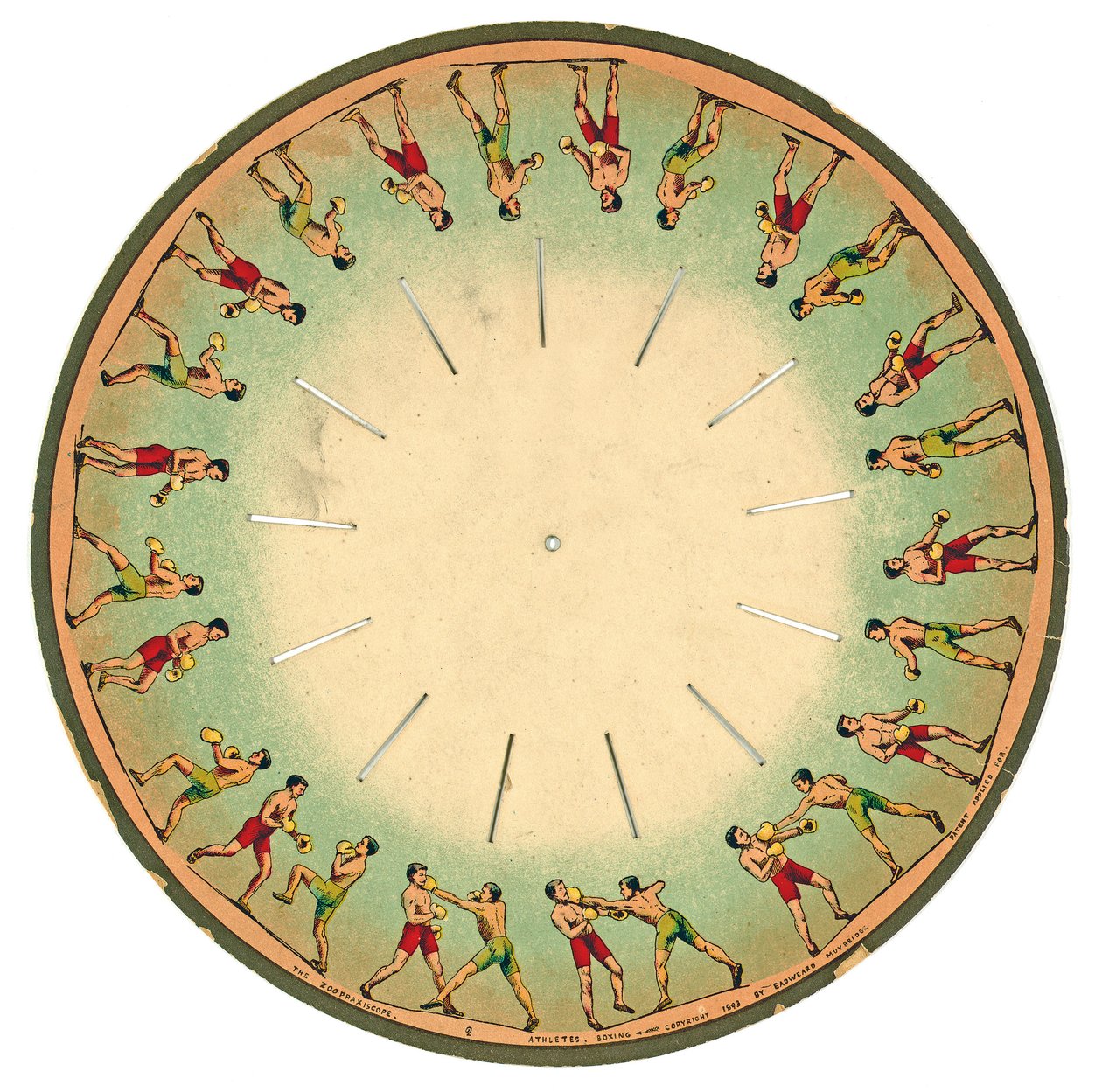 zoopraxiskooppilevy, jossa miehet nyrkkeilevät, 1893 tekijältä Eadweard Muybridge