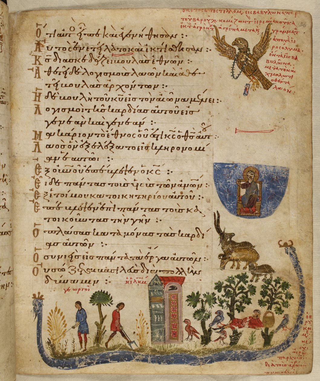 Lisätä. 19352, f.36r Baruchin lähettämä kotka; puutarhakohtaus, Theodore Psalter tekijältä Eastern Mediterranean School