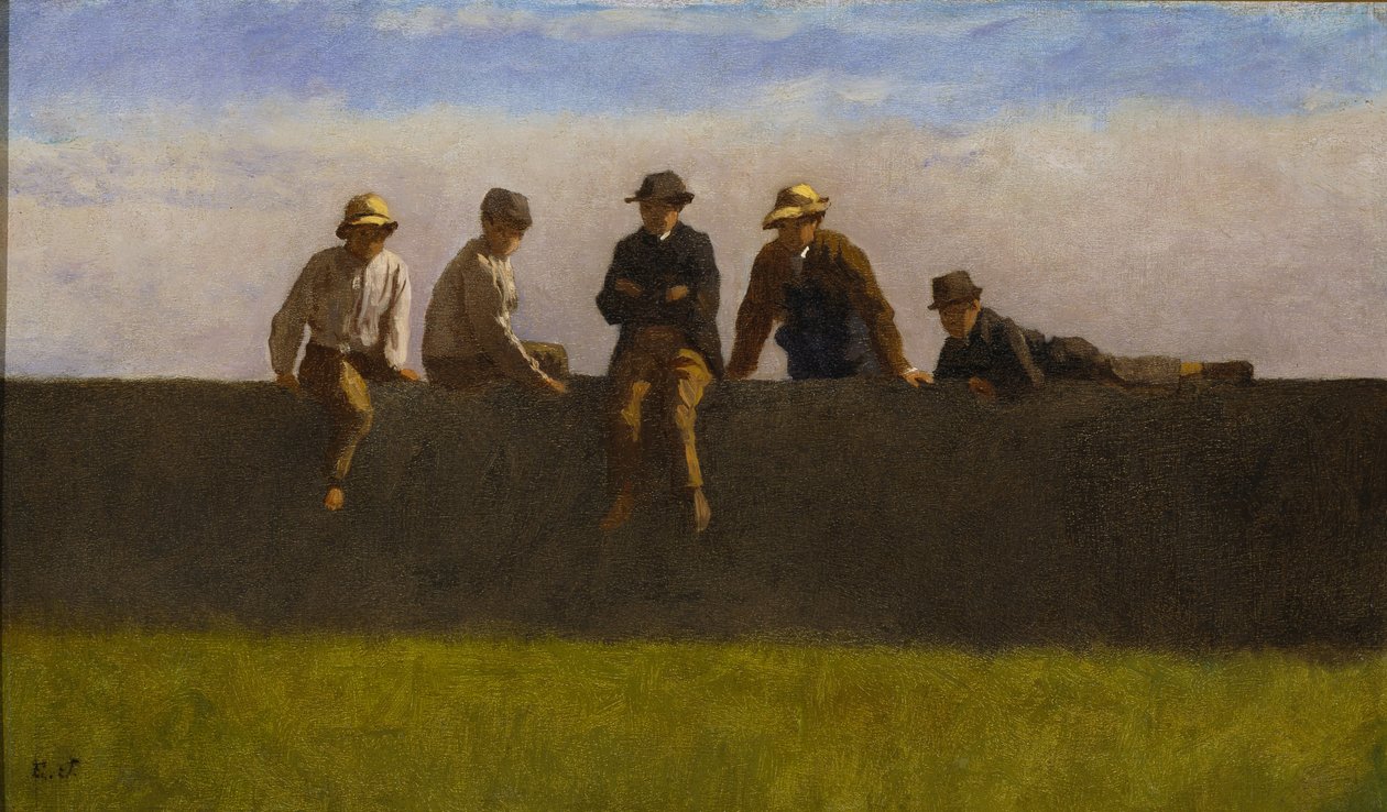 Five Boys on a Wall, n. 1875-1880 (öljy sävellyslevylle) tekijältä Eastman Johnson