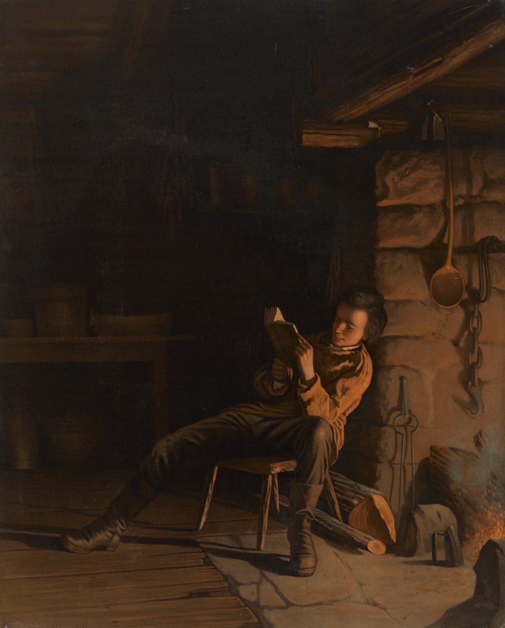 Lincolnin poikakausi. (Ilta hirsimajassa), 1868 (kromolitografia paperille aluksella) tekijältä Eastman Johnson