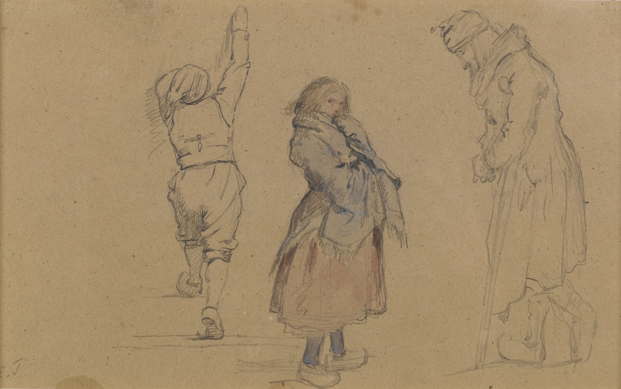 Kolme hollantilaista hahmoa, n. 1852 (grafiitti, wc ja valkoinen liitu ruskealla paperilla) tekijältä Eastman Johnson